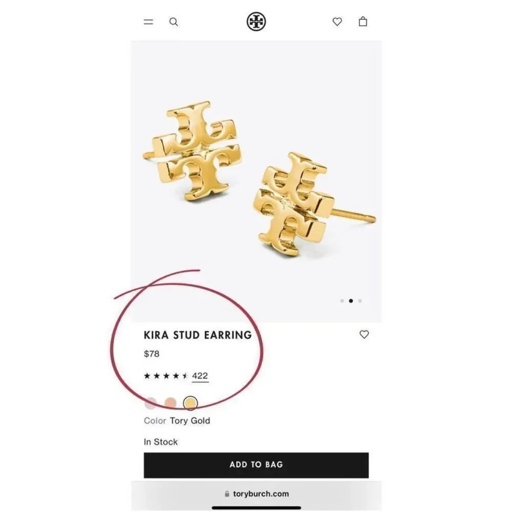 NWT Tory Burch 18K Gold Plated Kira Logo Stud Earrings & Dust Bag $78 - Picture 8 of 12